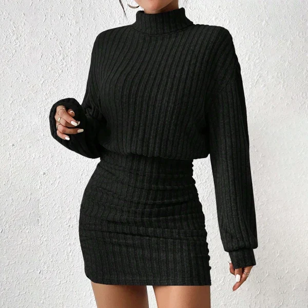 Casual Knitted Pullover Long Lantern Sleeve Mini Dress