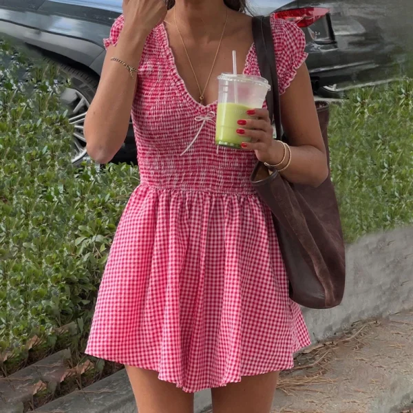 Gingham Playsuit V Neck Short Sleeve Romper Dress
